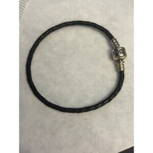 Pandora Black Leather Sterling Silver 925 ALE Charm Bracelet Sz 6.75”